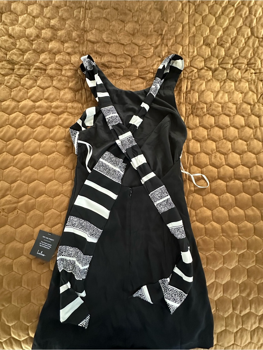 Lulu's Black Mini Dress with Black & White Patterned Sash